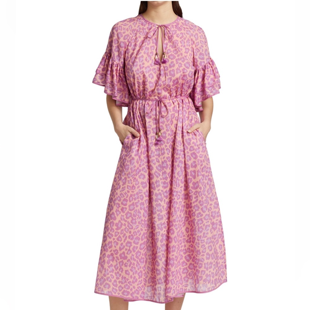 Zimmermann Leopard Ruffled Belted Cotton Midi Dress AU Size 2 (US 6-8)
